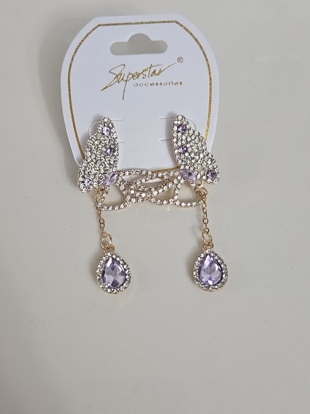 Lilac Crystal Dangle Butterfly Earrings